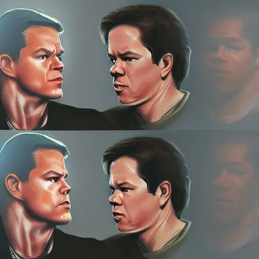 Image similar to Matt Damon and Mark Wahlberg looking at each other confused in the mirror, artstation, concept art, smooth, sharp focus, illustration