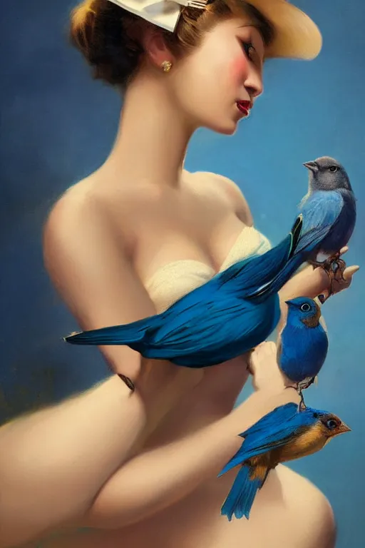 Prompt: hyper realistic painting, tasteful pinup girl holding an indigo bunting, bird, the bird is wearing a bowtie, by greg rutkowski, rossdraws, gil elvgren, enoch bolles, anime, porcelain skin, very coherent