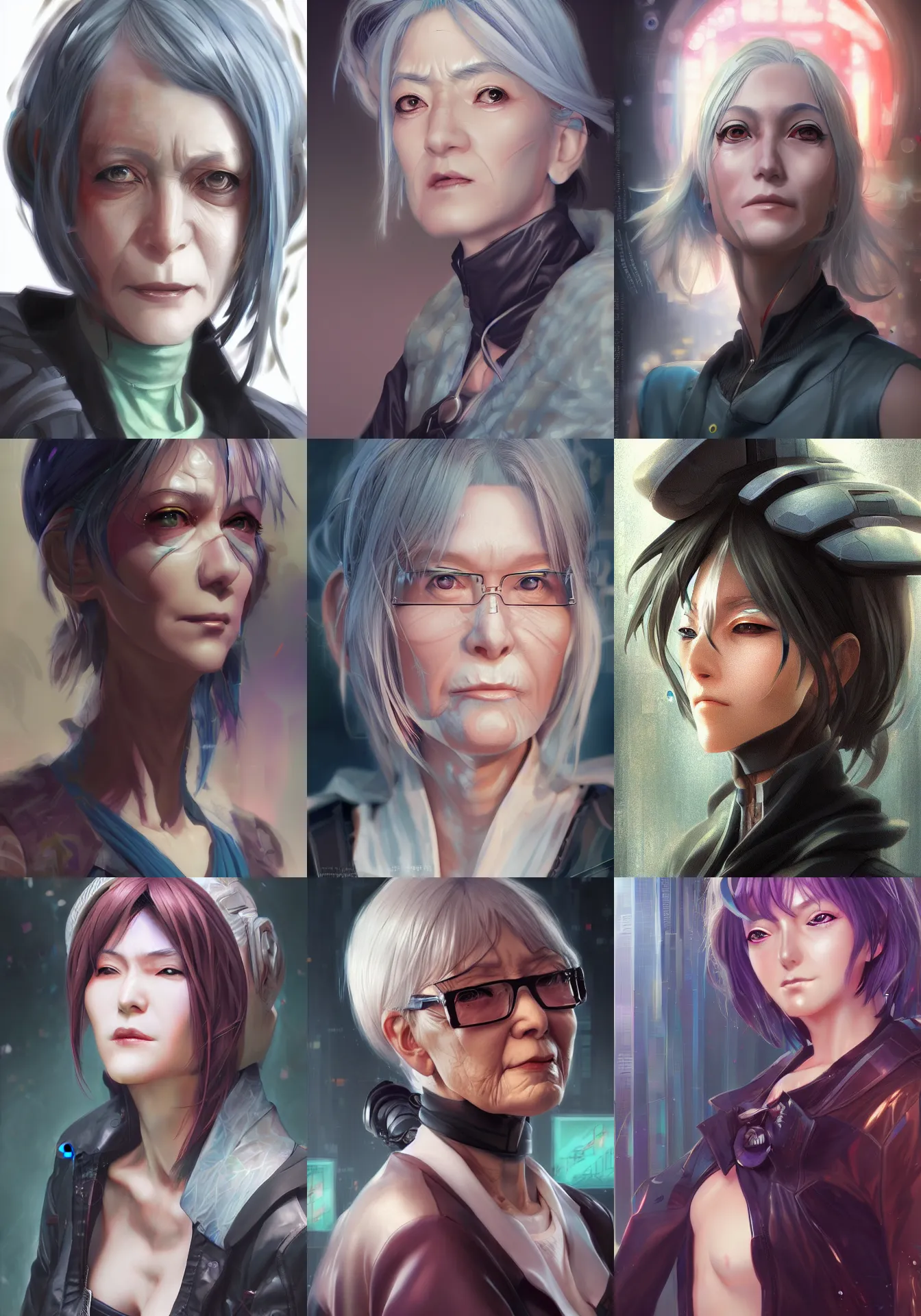 Prompt: A realistic anime portrait of an older cyberpunk woman, digital painting, by Stanley Artgerm Lau, Sakimichan, WLOP and Rossdraws, digtial painting, trending on ArtStation, SFW version