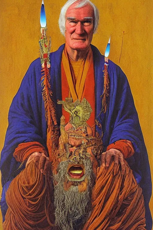 Image similar to an incredible and hilarious jean giraud portrait of timothy leary in the style of a renaissance masters portrait, mystical and new age symbolism, tibetan book of the dead