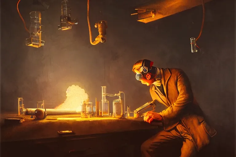 Image similar to scientist performing a explosive experiment by otto dix and greg rutkowski and andreas rocha, cinematic lighting, highly detailed, warm colours, 8 k