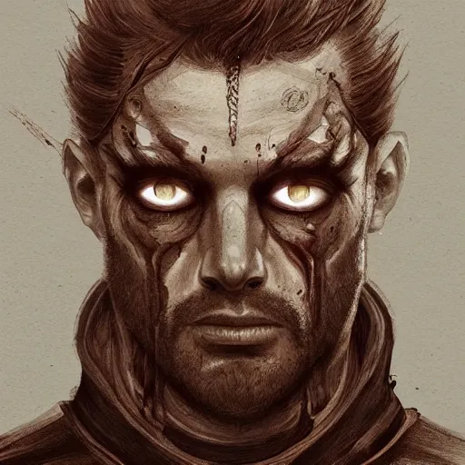 Image similar to portrait of a handsome Catholic priest with red eyes, dark, intricate details, highly detailed, eerie, concept art, digital painting, sharp, trending on artstation, award-winning. Art by Loran DeSore and Merwild