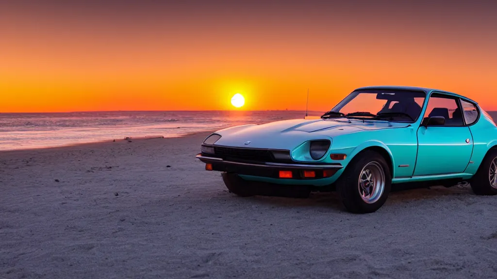 Prompt: synthwave datsun 2 4 0 z at sunset, on the beach, 8 k. filling of the view