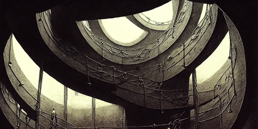 Image similar to big spiral stairways on old ship, inhabited on many levels, flying birds, by beksinski, shining light, strong perspective, clear geometry, architecture, Award winning. Masterpiece, detailed illustration