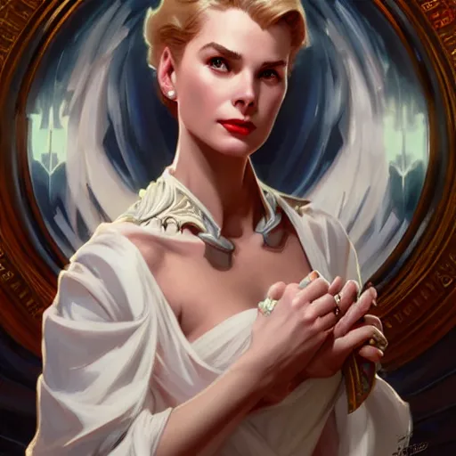 Image similar to Grace Kelly as Erza Scarlet, western, D&D, fantasy, intricate, elegant, highly detailed, digital painting, artstation, concept art, matte, sharp focus, illustration, art by Artgerm and Greg Rutkowski and Alphonse Mucha