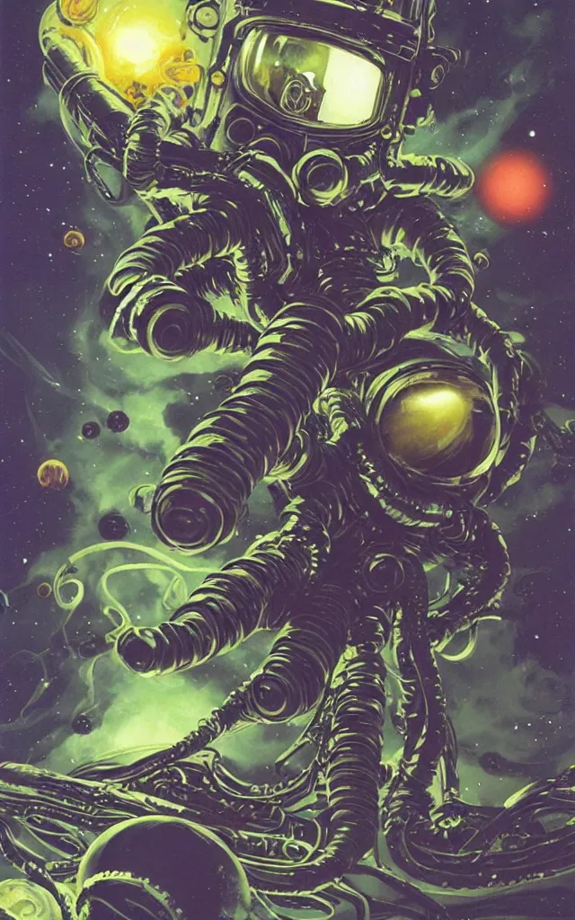 Prompt: eldritch astronaut with tentacles, in deep space, by chris foss, retrofuturism, dynamic composition, dramatic lighting, hyperrealistic, ultra detailed, nitro colors