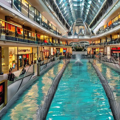 Image similar to photo of inside a shopping mall the inside is flooded with over 1 5 meters of water clear beautiful water, highly detailed.