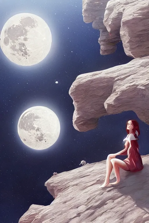 Image similar to Woman sitting on the moon with a view of the earth in the background, elegant, digital painting, highly detailed, artstation, concept art, smooth, sharp focus, illustration, art by artgerm and greg rutkowski.