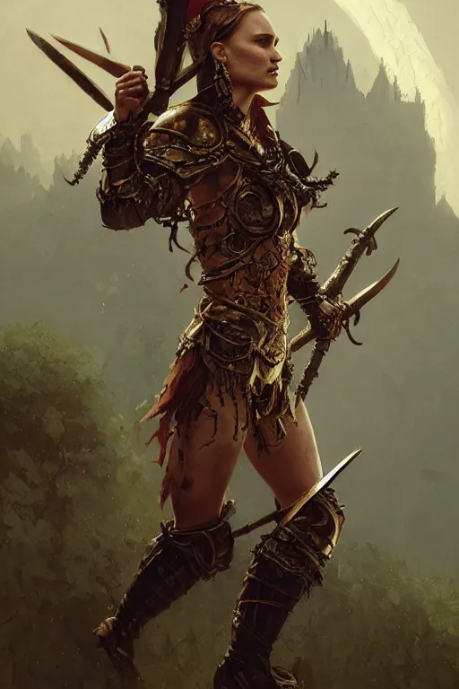 Image similar to natalie portman, legendary warrior, heroic fighter, diablo, fighting fantasy, tattoos, decorative ornaments, battle armor, by carl spitzweg, ismail inceoglu, vdragan bibin, hans thoma, greg rutkowski, alexandros pyromallis, perfect face, finely detailed, realistic shading