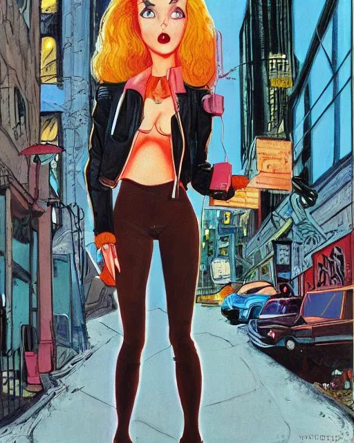 Image similar to young female protagonist in leather jacket, city street, artwork by ralph bakshi