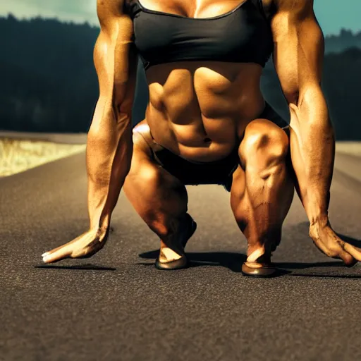 Prompt: front car, bodybuilder, woman, holding, road, photo, digital art, hands, underbody, tire, standing