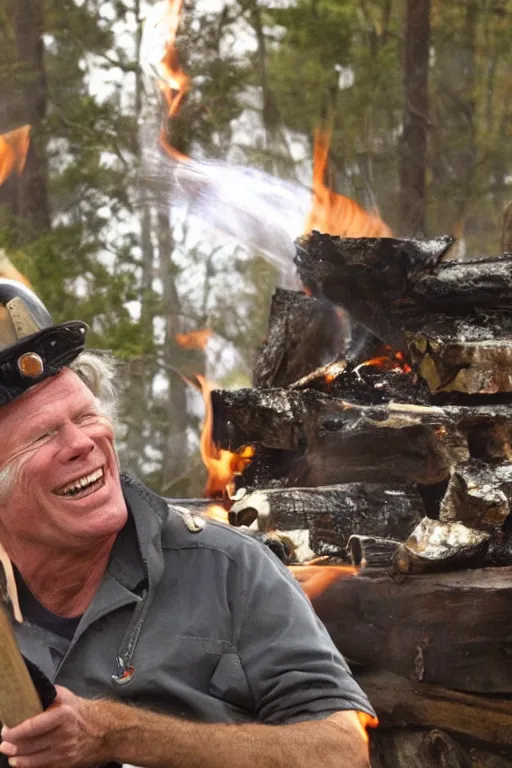 Image similar to kevin tighe floating above a fire laughing