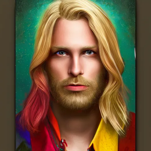 Image similar to colorful painting of a man with long blond hair with no beard with a propellermutze, matte painting, trending on art station, ultra - detailed, hq