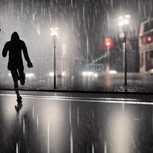 Prompt: dark rainy night, lights, clock chases a guy, running, rain on screen, realistic, cinematic, raytracing, time, intense detail, artstation