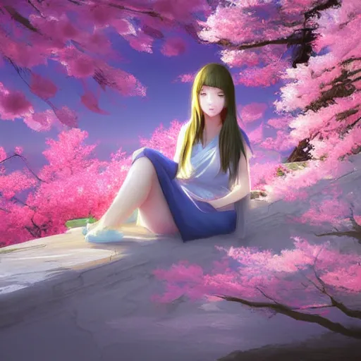 Prompt: Soft blur, digital art, anime, advanced digital art, girl sitting at the edge of a cliff overlooking a lake filled with sakura petals, light reflected on her face in the style of RossDraws. —W 4096 —H 4096