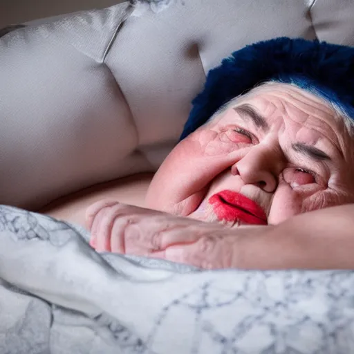 Prompt: a beautiful cinematic poetic scene, full body, of an old sweet fat lady, with a red mouth, blue eyes, lying on a fancy bed. clear face. subsurface scattering shiny skin. beautiful lighting, 4 k post - processing, trending in art station, cg society, highly detailed, 5 k extremely detailed, 3 d. cinematic scene. sharp image.