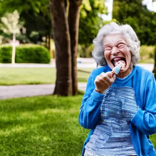 Image similar to an old woman laughing in a park with a thin translucent oxygen tubing under her nose, 4 k, stock photo