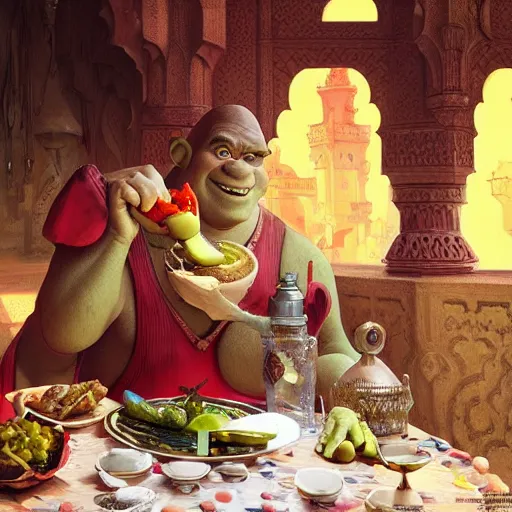 Image similar to shrek eating moroccan tagine, highly detailed, digital painting, artstation, concept art, smooth, sharp focus, illustration, art by artgerm and greg rutkowski and alphonse mucha