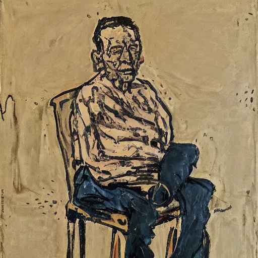 Prompt: painting of an old man sitting on a chair, waiting, by georg baselitz