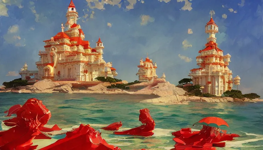 Image similar to RED Royal CRYSTAL castle built ON SEA, hyperdetailed, artstation, cgsociety,by studio ghibli painting,by Joaquin Sorolla rhads Leyendecker, by Ohara Koson and Thomas, 8k