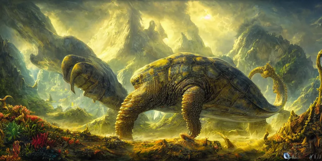 Image similar to fantasy oil painting, great leviathan, cybernetic turtle cephalopod terrapin reptilian pachyderm squid, hybrid, anubis, epic, natural light, lush plants flowers, spectacular mountains, bright clouds, ufo, luminous sky, outer worlds, golden daple lite, craig mullins, michael cheval