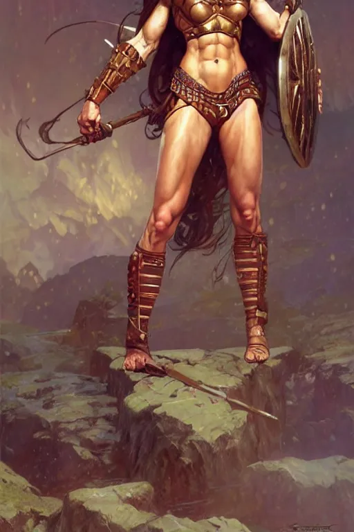 Image similar to full body portrait, thin muscular viking amazon warrior woman, 6 pack ab, symmetrical beautiful face, relaxed pose. by stanley artgerm lau, greg rutkowski, thomas kindkade, alphonse mucha, loish, norman rockwell ross tran