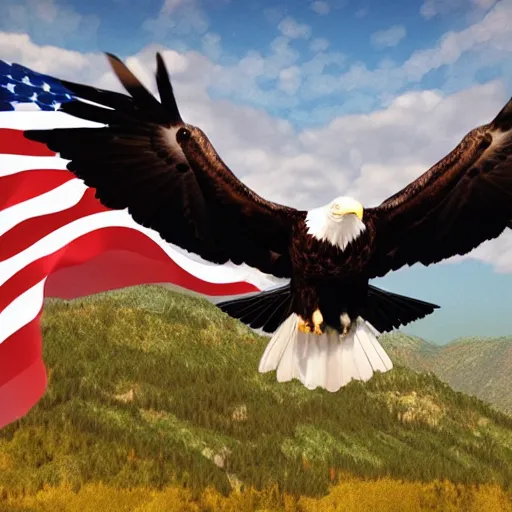Prompt: a bald eagle with a dog on it, patriotic, detailed, unreal engine