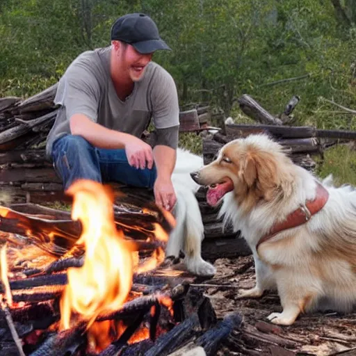 Image similar to picture of a hillbilly with long blonde hair with his australian shepherd around a bonfire