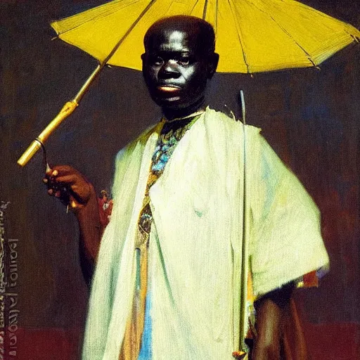 Image similar to portrait of king of dahomey outdoors dressed in airy clothing, with helper holding an umbrella over him, 1905, brightly coloured oil on canvas, by ilya repin