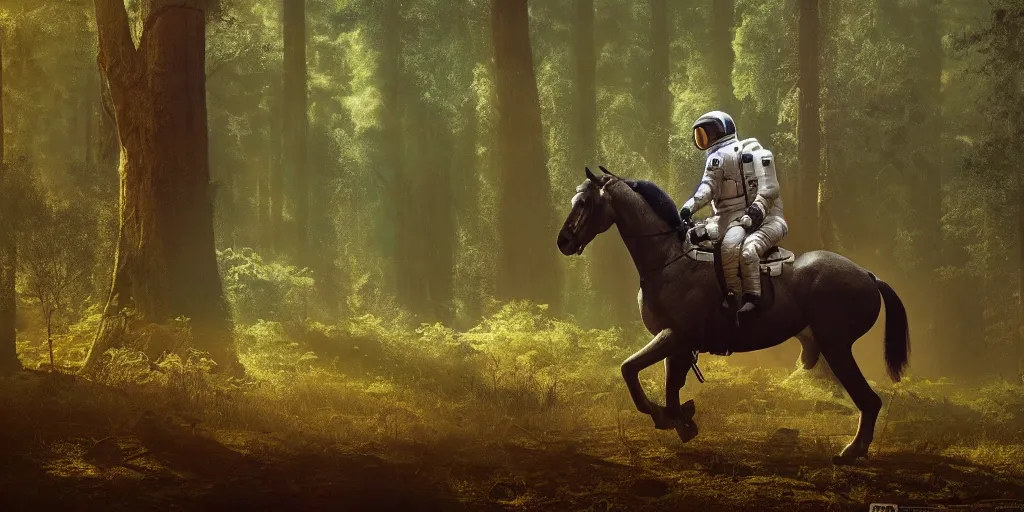 Prompt: american astronaut, riding a horse in a forest, plants environment, wide angle, cinematic lighting, atmospheric, realistic, octane render, highly detailed, color graded, in the style of craig mullins