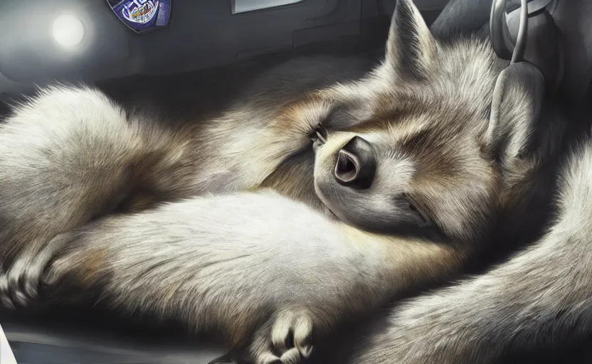 Image similar to a furry human - like dressed policewoman sleeping on duty in the police car, artstation hq, stylized, symmetry, modeled lighting, expressive, studio photo refined, highly detailed, hyper realistic, furry, sense of awe, zootopia style