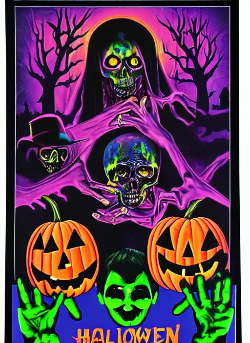 Image similar to Halloween (1978), Psychedelic velvet black light poster, Wes Wilson, Bonnie Maclean, Greg Irons, highly detailed