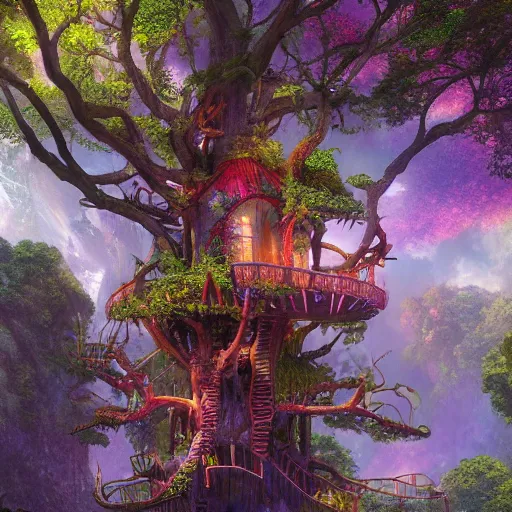 Image similar to detailed concept colorful fantasy painting of a transcendental treehouse, cinematic lighting, hyperdetailed, 8k, high resolution, insanely detailed and intricate, octane render