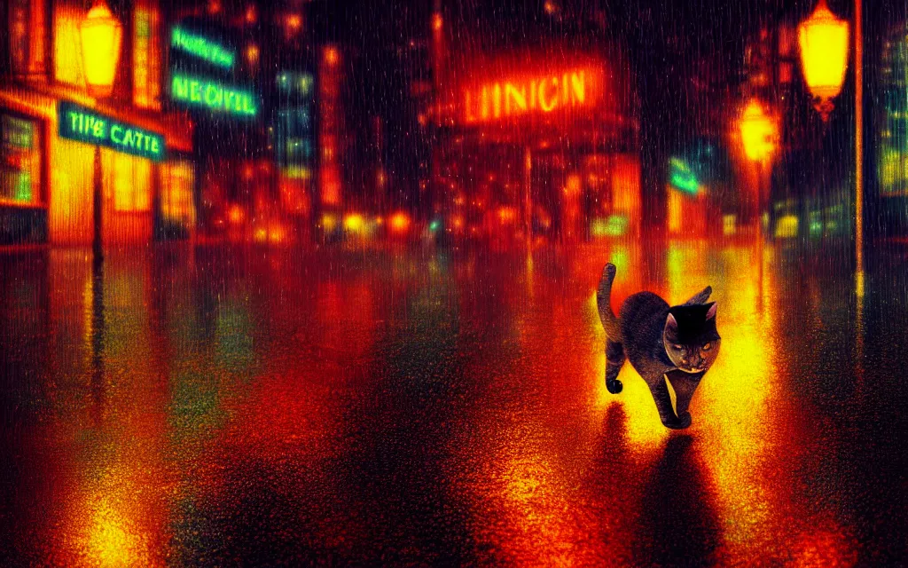 Image similar to cat running through heavy rain in a neon lit street at night by wlop, ultra detailed color art, high detail, digital art