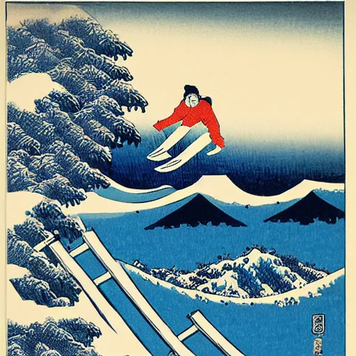 Prompt: man snowboarding snowing woodblock print, style of hokusai winter, fine art, style of kanagawa, painting