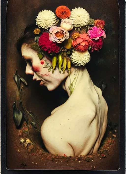 Image similar to beautiful and detailed rotten woman made of plants and many types of stylized flowers like carnation, chrysanthemum, roses and tulips, intricate, surreal, vladimir volegov, john constable, guy denning, gustave courbet, caravaggio, romero ressendi, 1 9 1 0 polaroid photo