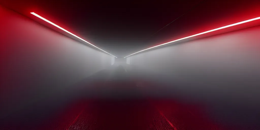 Image similar to a long angle shot of a big dark room with white lights on the celling and a long hallway at the end of the room with red lights on the celling, highly detailed, unreal engine, 4 k, dark, moody, foggy, game render, hyper realistic