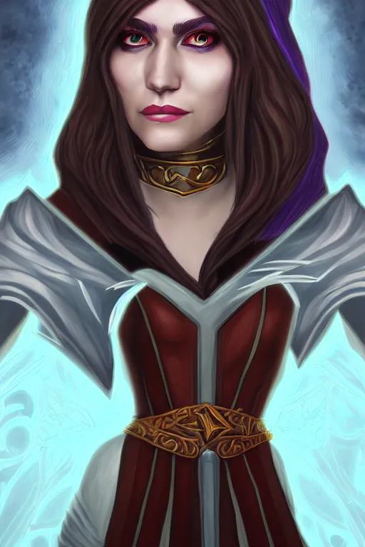 Prompt: Portrait of a sorceress by Heartstone official artists, exagerated accurate details