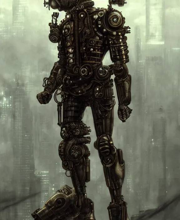 Image similar to steampunk armoured saitama from one punch man by hr giger and beksinski and stephan martiniere, trending on artstation, 4 k resolution, detailed, high quality, hq artwork