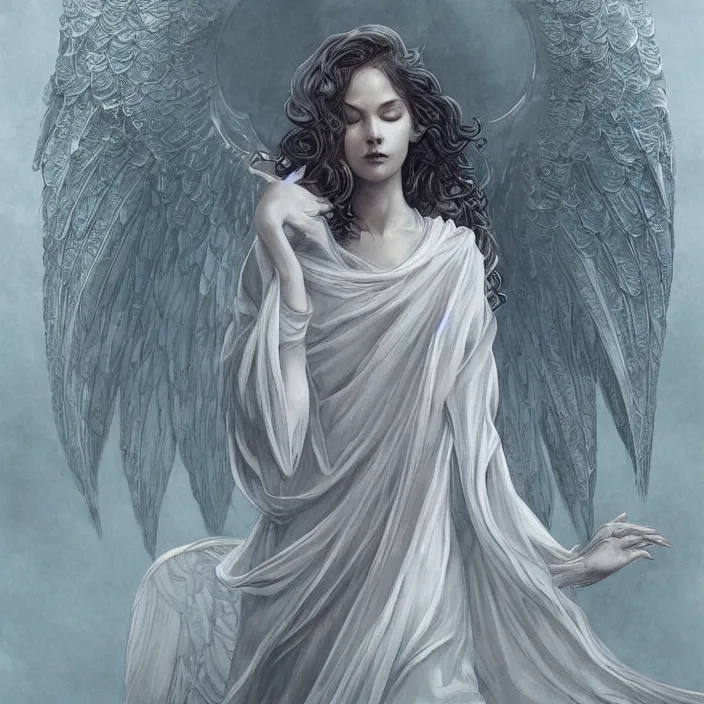 Prompt: faceless lovecraftian angel in flowing robe, full figure model with wings descending from clouds linework, dramatic lighting, charlie bowater, jack kirby, tom bagshaw, arstation trending, intricate detail, elegant flowing vapor, moebius