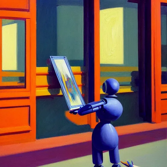 Image similar to beautiful illustration of a robot painting an artwork on a canvas with a paintbrush by Edward Hopper, clean lines, very detailed, colorful octane render