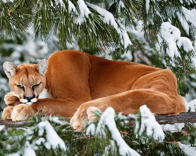 Image similar to ripped up postcard showing 'a cougar sleeping in the middle of snowy pine tree' laying on coffee table with stamp and damaged due to age, zoomed out shot, HD, iphone capture