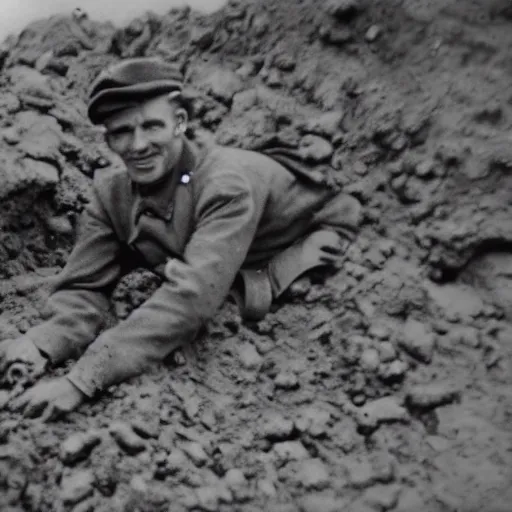 Prompt: Still image of Jerma985 in the trenches of world war one, old black and white war photograph, film grain