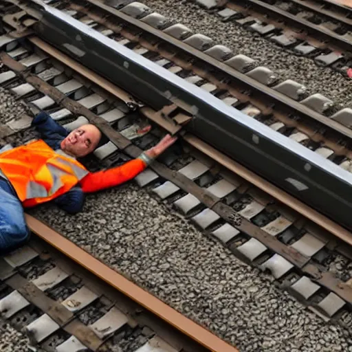 Prompt: factorio engineer laying on train tracks