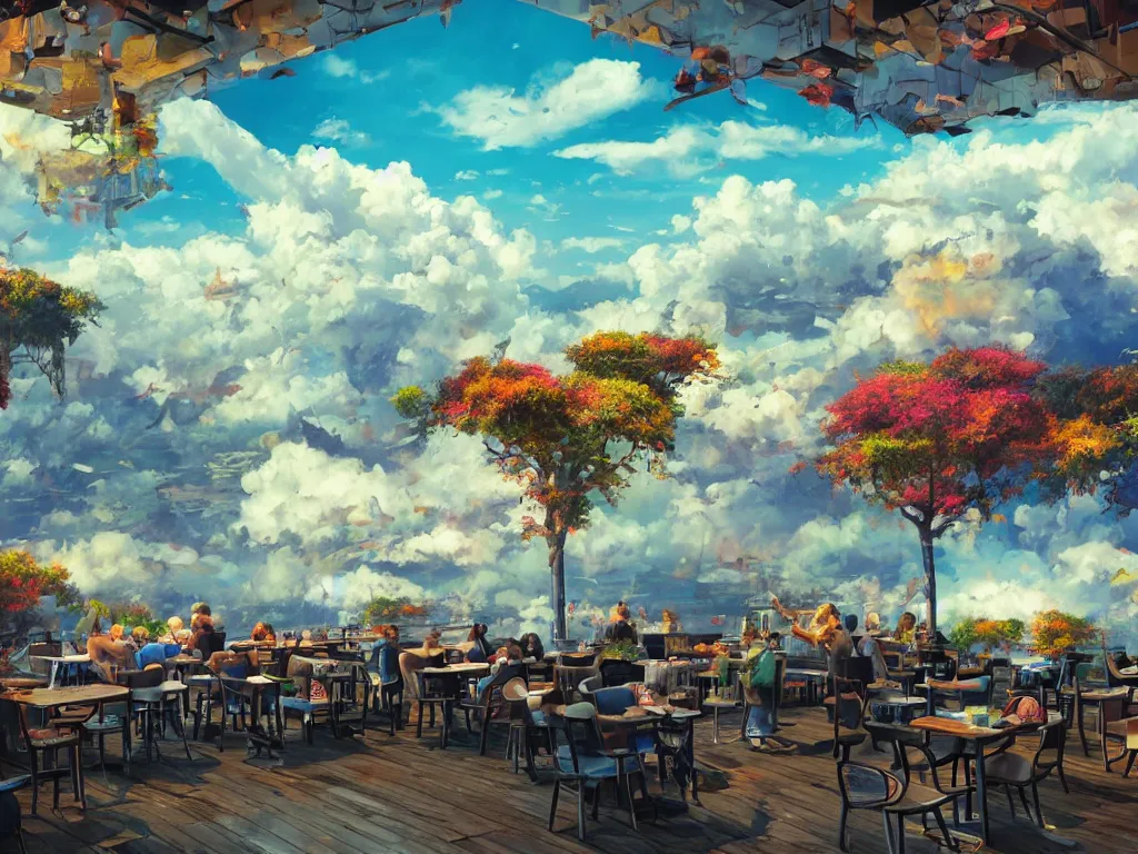 Prompt: cafe in the clouds, high contrast, vibrant colors, vivid colors, high saturation, fantasy, artwork, aesthetic, calming, very beautiful scenery, hd, hdr, ue5, ue6, unreal engine 5, cinematic, 4k wallpaper, 8k ultra, by Greg Rutkowski and Jesper Ejsing and Raymond Swanland and alena aenami, featured on artstation, wide angle