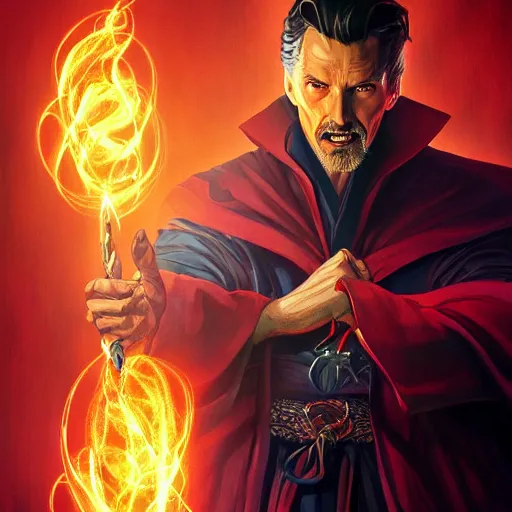 Prompt: Portrait of evil Dr Strange performing a satanic ritual, elegant, digital painting, highly detailed, fantasy, artstation, concept art, smooth, sharp focus