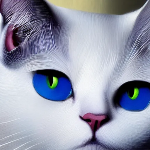 Prompt: a beautiful white cat with blue and yellow eyes, sci-fi, fantasy, highly detailed, digital painting