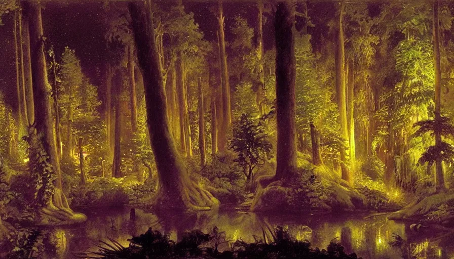 Image similar to disney illustrated background of a fantasy forest at night by eugene von guerard, ivan shishkin, john singer sargent