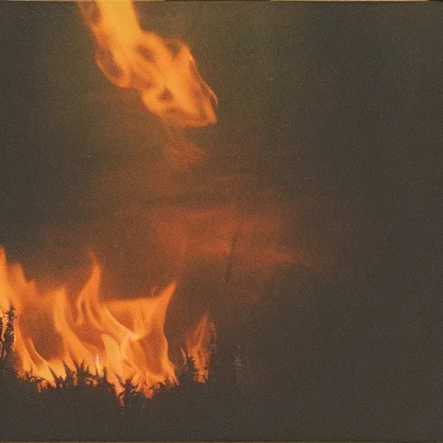 Image similar to field of cannabis burning on fire at night, forest fire, polaroid