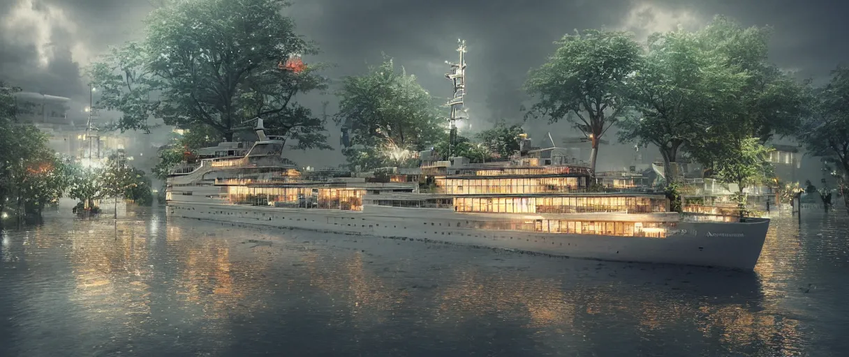 Image similar to cruising ship sailing at raining night at flooded miniature city, sun is on the rise on the town, cute style garden, octane render, trees, evergreen, patio, garden, wet atmosphere, tender, soft light misty yoshitaka amano, and artgerm